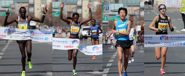 ▲ 2017대구국제마라톤대회 엘리트 부문 우승을 차지한 케냐 키소리오, 케냐 로티치, 국내 엘리트 남녀 우승을 차지한 손명준과 최경선 선수(왼쪽부터).ⓒ대구시