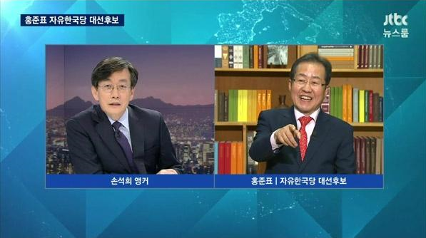 ▲ 자유한국당 홍준표 후보가 JTBC에 출연, 손석희 앵커와 설전을 주고 받았다. ⓒJTBC 뉴스룸 화면 캡처