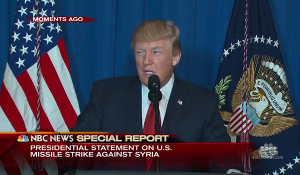 시리아 공격 직후 특별 기자회견을 열어 성명을 발표한 도널드 트럼프 美대통령. ⓒ美NBC뉴스 관련보도 화면캡쳐