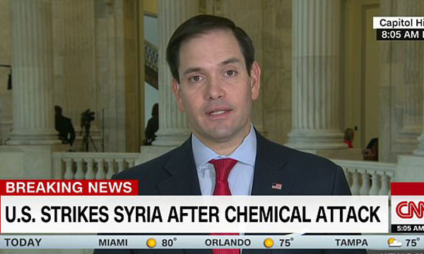▲ 2016년 美대선 경쟁이 시작된 이후 계속 트럼프 대통령을 비판해왔던 美공화당 인사들은 '시리아 공격'을 칭찬하기 시작했다. 사진은 美CNN과 의회에서 인터뷰하는 마르코 루비오 美상원의원(공화당)의 모습. 그 또한 트럼프 대통령의 결단을 칭찬했다. ⓒ美CNN 관련보도 화면캡쳐.