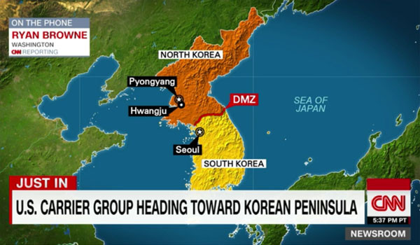 ▲ 美해군이 '칼 빈슨 항모강습단'을 한반도로 보냈다는 소식이 전해지자 세계 주요 언론들은 "한반도 긴장이 고조되고 있다"며 관련 속보를 보도했다. ⓒ美CNN 관련보도 화면캡쳐.