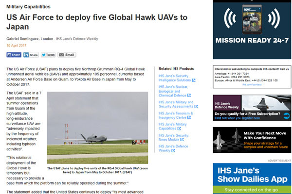 ▲ 세계최고의 군사정보매체 '제인스'는 지난 10일(현지시간) 美공군이 오는 5월 日요코타 기지에 RQ-4 글로벌 호크 5대와 운용인력 105명을 배치, 오는 10월까지 운용한다고 보도했다. ⓒ제인스 관련보도 화면캡쳐
