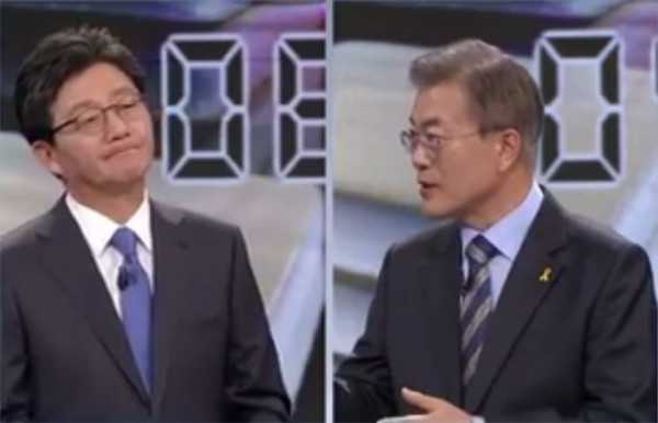 ▲ 바른정당 유승민 후보와 더불어민주당 문재인 후보가 19일 KBS 1TV를 통해 생중계된 대선후보 초청토론회에서 미국 전술핵무기의 한반도 재배치를 둘러싸고 입장차를 보이고 있다(자료사진). ⓒKBS방송화면 갈무리