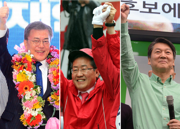 ▲ (왼쪽부터) 문재인 민주당 대선후보, 홍준표 자유한국당 대선후보, 안철수 국민의당 대선후보. ⓒ뉴시스