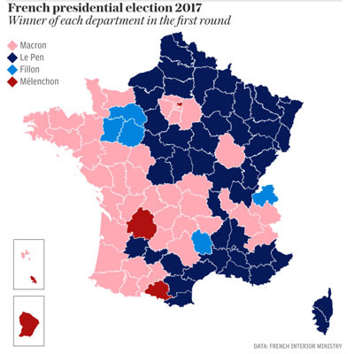 지난 23일(현지시간) 프랑스에서 치른 2017년 대선 1차 투표의 후보별 우세지역. ⓒ英텔레그라프 관련보도 화면캡쳐-프랑스 내무부 집계.