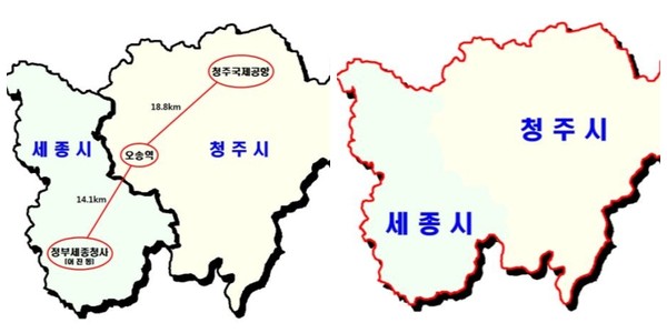 ▲ 충북도가 국토교통부에 신청안 택시공동사업구역 조정 신청 1안(왼쪽)과 2안 구역도.ⓒ충북도
