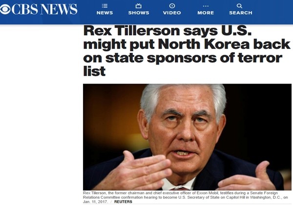 사진은 지난 19일(현지시간) 렉스 틸러슨 美국무장관이 "북한의 ‘테러지원국’ 재지정을 검토하고 있다"고 말한 것과 관련된 美'CBS뉴스' 기사 일부.ⓒ美'CBS' 홈페이지 캡쳐