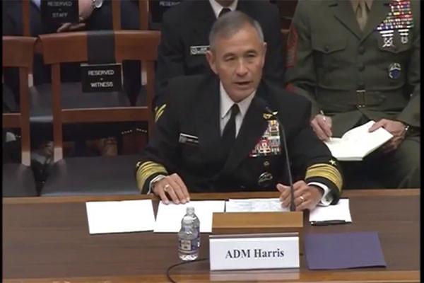 ▲ 지난 26일(현지시간) 美하원 군사위원회 청문회에 출석해 북한의 핵공격 위협과 대응방안 등에 대해 설명하는 해리 해리스 美태평양 사령관. 해군 대장이다. ⓒ유튜브 관련영상 화면캡쳐.