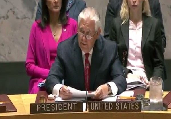 ▲ ‘북한 비핵화’를 단일 주제로 열린 유엔 안보리 장관급 회의 진행 중, 렉스 틸러슨 美국무장관의 모습.ⓒ美국무부 트위터 게재 영상 캡쳐