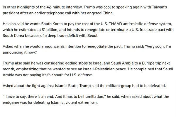 ▲ "한국에게 '사드' 비용으로 10억 달러를 청구할 것"이라고 잘못 알려진 英로이터 통신의 '트럼프 인터뷰' 대목. ⓒ英로이터 4월 27일(현지시간) 보도화면 캡쳐