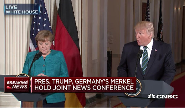 ▲ 지난 3월 17일(현지시간) 美백악관에서 열린 트럼프 대통령과 메르켈 獨총리 간의 정상회담 이후 기자회견에서 트럼프 대통령은 "NATO 회원국들도 방위비를 균등하게 부담해야 한다"고 다시 강조했다. ⓒ美CNBC 뉴스 당시 보도화면 캡쳐