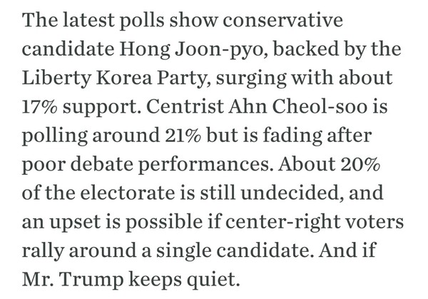 ▲ 미국 월스트리트저널은 지난 6일 '20%의 유권자가 아직 결정하지 못한 만큼 중도ㆍ우파(Center-Right) 표심이 한 후보에 쏠린다면, 역전도 가능하다'고 내다봤다. ⓒ월스트리트저널 화면 캡처.