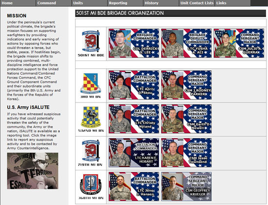 주한미군 제501정보여단 주요 지휘관과 주임원사 사진. ⓒ美육군 제501정보여단 홈페이지 캡쳐.