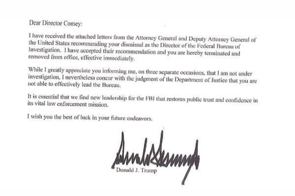 ▲ 도널드 트럼프 美대통령이 제임스 코미 FBI 국장에게 보낸 '해임 통지서한'의 일부. ⓒ美CNN 관련보도 화면캡쳐.