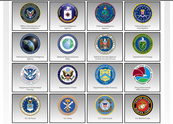 미국에는 17개의 국가급 정보기관이 있다. 이들의 현재 최고 우선순위 과제는 북한이라고 한다. 사진에서 빠진 정보기관은 美해군정보국 ONI다. ⓒ美정보공동체 일자리 사이트 캡쳐.