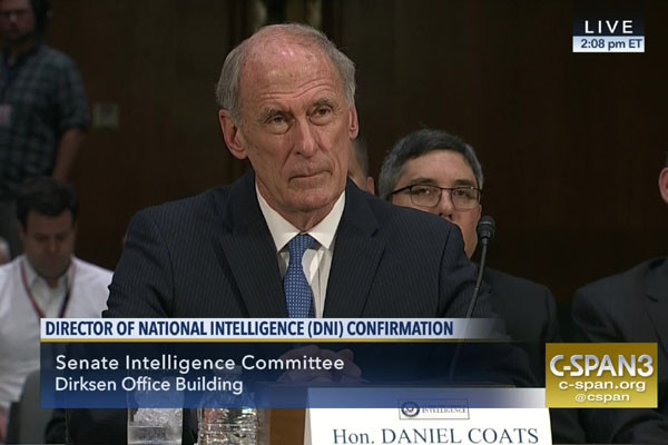 ▲ 현재 美정보기관 17개를 총괄 감독하는 댄 코츠 국가정보장. 상원의원을 지냈다. 사진은 지난 2월 美상원 인준청문회 때 모습. ⓒ美C-SPAN 관련보도 화면캡쳐.