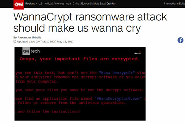 ▲ '워너 크립트'라는 랜섬웨어로 인해 세계 150여 개국 10만여 개의 기관이 피해를 입었다고 한다. 한국은 과연 안전할까. ⓒ美CNN 관련보도 화면캡쳐.