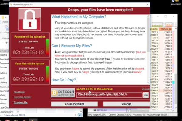 ▲ 영국에서 실제 '워너 크립트'에 감염된 PC의 화면. ⓒ英미러 관련 보도영상 화면캡쳐
