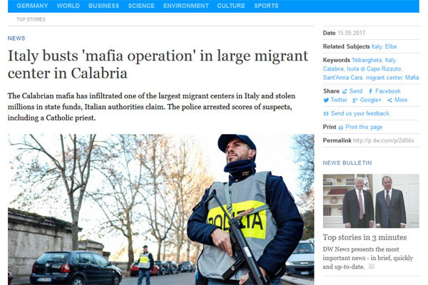英BBC,  獨DW 등 주요 외신들은 "이탈리아 남단에 있는 난민센터가 실은 마피아에 의해 운영되고 있었다"는 이탈리아 경찰의 수사 결과를 일제히 보도했다. ⓒ獨도이체 벨레(DW, 독일의 소리) 방송 관련보도 화면캡쳐.
