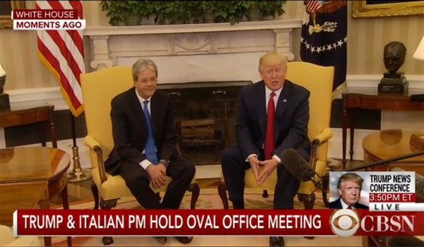 ▲ 지난 4월 20일(현지시간) 美백악관에서 열린 미국-이탈리아 정상회담 이후, (오른쪽부터)트럼프 美대통령과 젠틸로니 이탈리아 총리가 기자회견을 가지고 있는 모습.ⓒ美CBS 관련보도 화면캡쳐