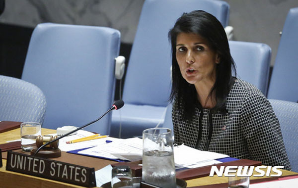 ▲ 니키 헤일리 美유엔대사가 발언하는 모습. ⓒ뉴시스-AP. 무단전재 및 재배포 금지.
