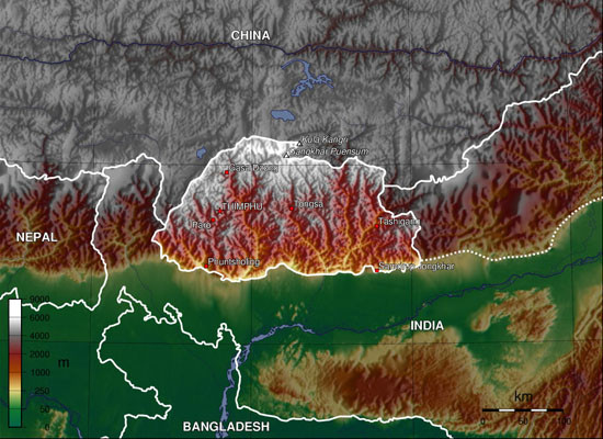 ▲ 부탄(Bhutan) 왕국의 위치. 중국, 인도, 네팔, 방글라데시에 끼어 있다. ⓒ위키피디아 공개사진.
