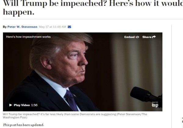 ▲ 美‘워싱턴포스트’는 17일 트럼프 대통령에 대한 탄핵이 실제 이뤄질 가능성은 매우 낮다고 분석했다. 사진은 관련 보도 일부.ⓒ美'워싱턴포스트(WP)' 홈페이지 캡쳐