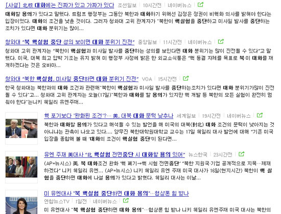 지난 17일 많은 한국 언론들이 니키 헤일리 유엔주재 美대사의 발언을 오역, "美정부가 '북한이 핵실험을 중단하면 대화하겠다'는 입장을 내비쳤다"고 보도했다. 사진은 네이버 뉴스검색 결과 캡쳐. ⓒ네이버 뉴스검색 캡쳐.