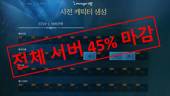 ▲ 엔씨소프트 MMORPG 리니지M의 사전 캐릭터 생성이 24시간 만에 전체 서버 중 45%가 마감됐다. ⓒ 엔씨소프트 공식 홈페이지 화면