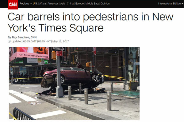 ▲ 지난 18일(현지시간) 美뉴욕 타임스퀘어 인근 교차로에서 차량이 인도를 덮치는 사고가 일어났다. ⓒ美CNN 관련보도 화면캡쳐.