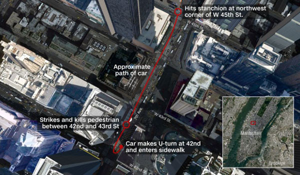 ▲ '타임 스퀘어'를 덮친 차량이 돌진한 거리의 항공사진. ⓒ美CNN 관련보도 화면캡쳐.