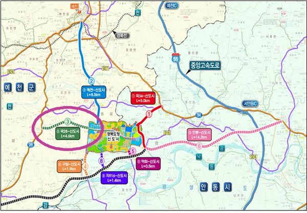 ▲ 국도28호선∼신도시 설계착수 위치도.ⓒ경북도