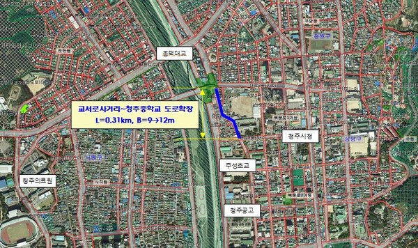 ▲ 충북 청주시 교서로사거리~청주중학교간 도로 화장공사 위치도.ⓒ청주시