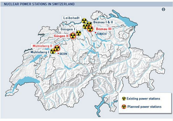 ▲ 현재 스위스 각지에 있는 원전. 스위스 전력 생산의 35%를 차지한다. ⓒ스위스 정부 트위터 캡쳐.