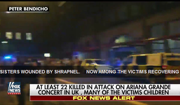 지난 22일(현지시간) 맨체스터 테러 직후 현장에 몰려든 구급차량들. 이 테러로 22명이 숨지고 59명이 부상을 입었다고 한다. ⓒ美폭스뉴스 관련보도 화면캡쳐.