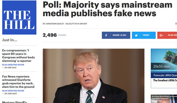 ▲ 美의회전문지 '더 힐'은 '하버드-해리스'의 최근 여론조사 결과를 인용해 "美유권자의 3분의 2 이상이 주류 언론의 보도를 '가짜뉴스'로 간주하고 있다"고 보도했다. ⓒ美'더 힐' 관련보도 화면캡쳐.