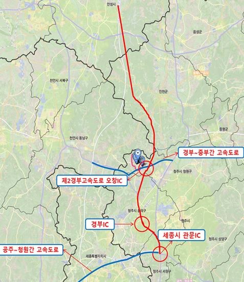 ▲ 서울~세종 고속도로 청주 경유 유치 계획 노선도.ⓒ제2경부고속도청주남이분기점유치위원회