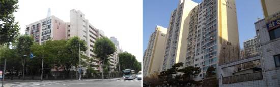 ▲ 서울 송파구 미성아파트(왼쪽)와 서울 마포구 삼성래미안공덕2차(오른쪽) 전경. ⓒ 지지옥션