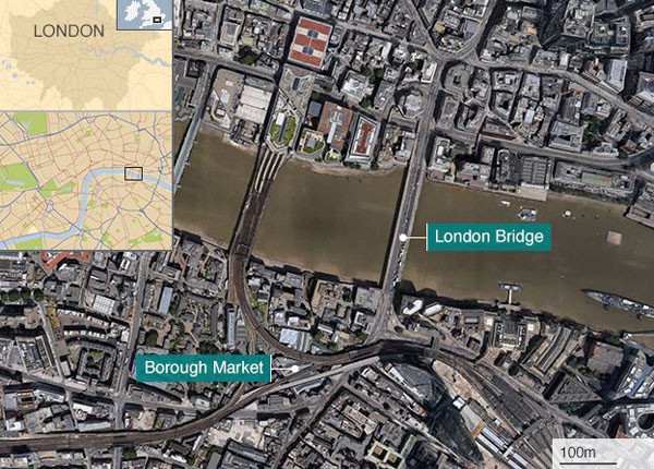 ▲ 런던테러 발생장소 지도. 테러가 발생한 장소는 불과 300여 미터 떨어진 거리다. ⓒ英BBC 관련보도 화면캡쳐.