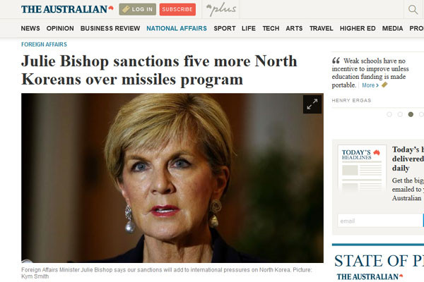 ▲ 호주 정부가 지난 2일(현지시간) 자국민의 북한여행금지와 함께 추가 대북제재 대상을 발표했다. ⓒ호주 '오스트레일리안' 관련보도 화면캡쳐.