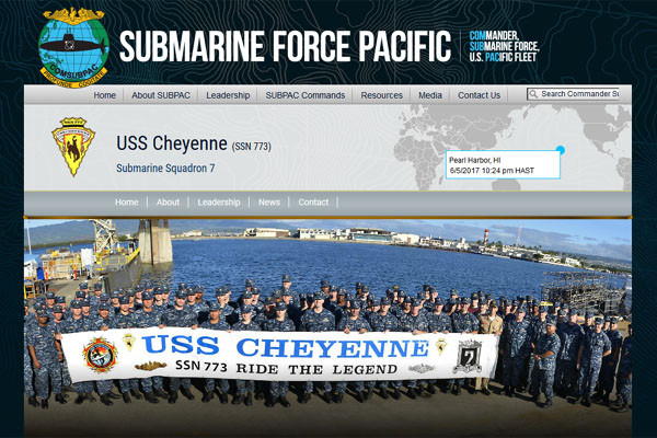 ▲ 美태평양 함대 예하 美태평양잠수함대사령부 홈페이지에 따르면, '샤이엔'은 지난 2월 서태평양에 배치됐다고 한다. ⓒ美태평양 잠수함대 사령부 홈페이지 캡쳐.