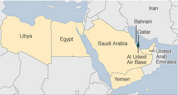 ▲ 지난 5일(현지시간) 사우디아라비아와 바레인으로 시작으로 중동 이슬람 국가들이 카타르와의 단교를 선언했다. 사진은 카타르와 주변국 지도. ⓒ英BBC 관련보도 화면캡쳐.