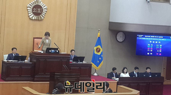 ▲ 김양희 충북도의장이 8일  ‘충북 경제현안 행정사무감사’ 표결 결과를 확정하는 의사봉을 두드리고 있다.ⓒ김종혁 기자