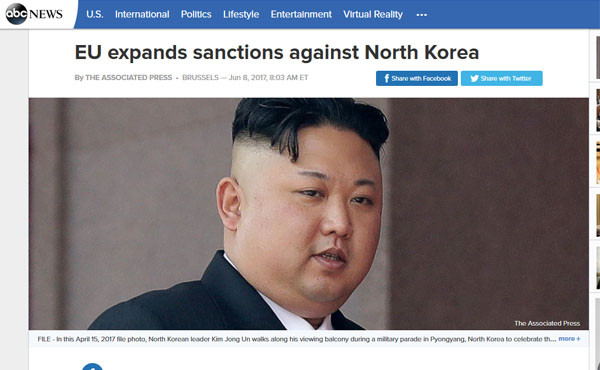 ▲ EU가 유엔 안보리 대북제재 결의 2356호에 맞춰 추가 제재 대상을 발표했다. ⓒ美ABC뉴스 관련보도 화면캡쳐.