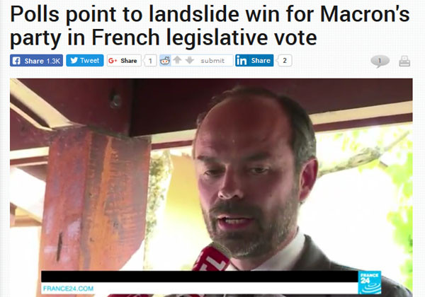 ▲ '프랑스24' 방송은 7일(현지시간) "여론조사기관들의 분석 결과 6월 11일과 18일 총선에서 마크롱 대통령이 이끄는 라 리퍼블리크 앙 마르쉐'가 의석 과반수 이상을 차지할 것으로 보인다"고 보도했다. ⓒ프랑스24 관련보도 화면캡쳐.