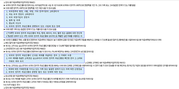 ▲ 한국의 '자금세탁방지 업무규정' 가운데 '정치적 주요인물' 관련 부분. ⓒ韓금융투자협회 법규정보시스템 화면캡쳐.