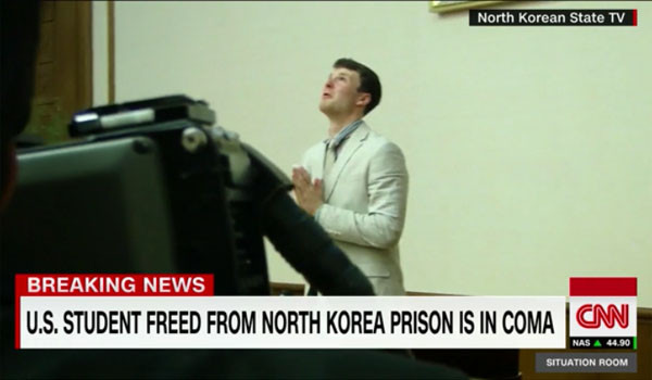 ▲ 2016년 3월 북한 당국에 구금된 뒤 재판을 받을 당시 '오토 웜비어' 씨의 모습. ⓒ美CNN 관련보도 화면캡쳐.