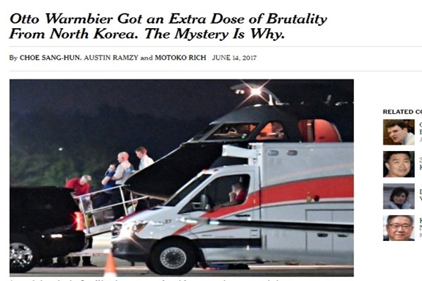 ▲ 美'뉴욕타임스(NYT)'는 익명의 美고위 관리를 인용, '북한 측 구타설'을 제기했다. 사진은 관련 기사 일부.ⓒ美'뉴욕타임스' 홈페이지 캡쳐
