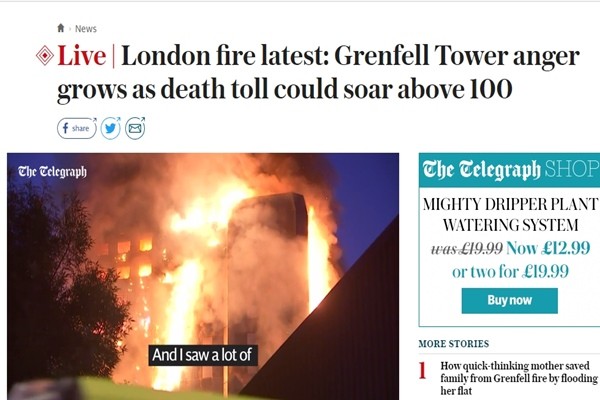 ▲ 영국 런던 그렌펠 타워 아파트 화재 사망자 숫자가 100명을 넘길 수도 있다는 우려가 일고 있다. 사진은 관련 英'텔레그래프' 보도 일부.ⓒ英'텔레그래프' 홈페이지 캡쳐