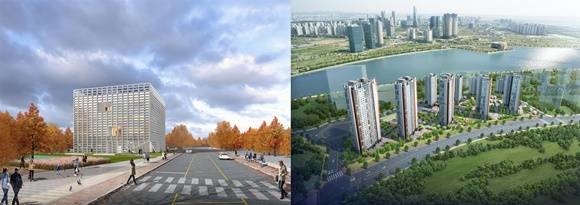 ▲ 세종 선거관리위원회 청사(좌)와 '송도 힐스테이트 레이크' 조감도. ⓒ국토교통부